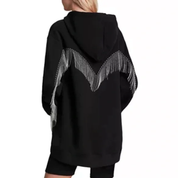 All Saints Giselle Chain Fringe Black Hoodie M - Picture 2 of 12